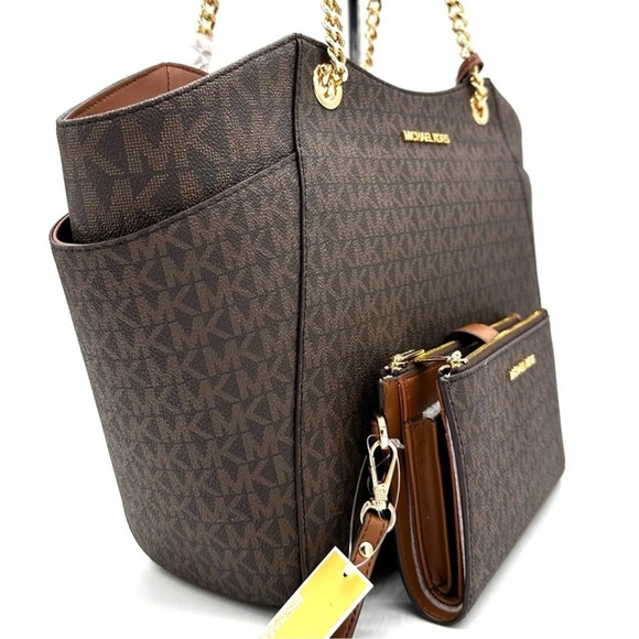 Michael Kors Large Jet Set Travel Chain Shoulder Bag & Double Zip Wallet Brown - Picture 4 of 15